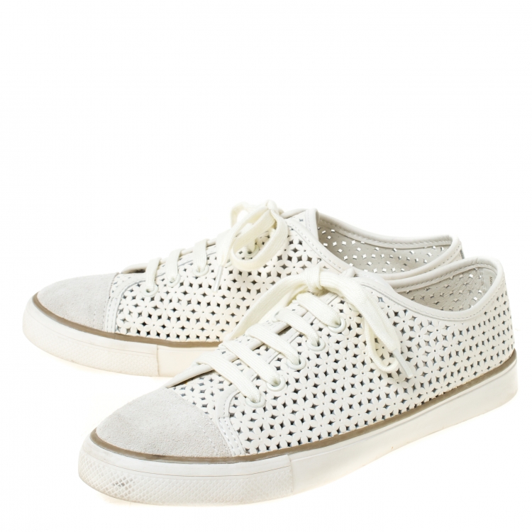 Pre Owned Tory Burch White Perforated Leather Daisy Lace Up Sneakers Size 40