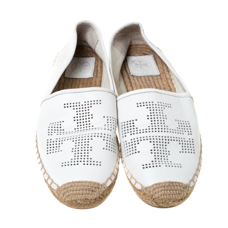 مملوكة مسبقًا  Tory Burch White Perforated Logo Leather Espadrilles Size 38