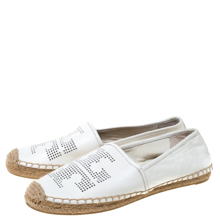 مملوكة مسبقًا  Tory Burch White Perforated Logo Leather Espadrilles Size 38