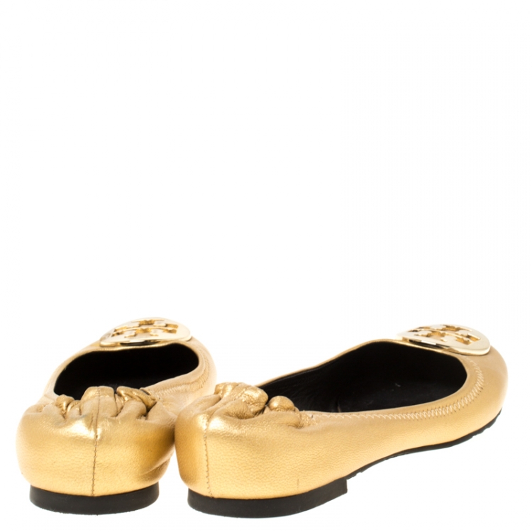 Pre Owned Tory Burch Gold Leather Minnie Travel Ballet Flats Size 37.5
