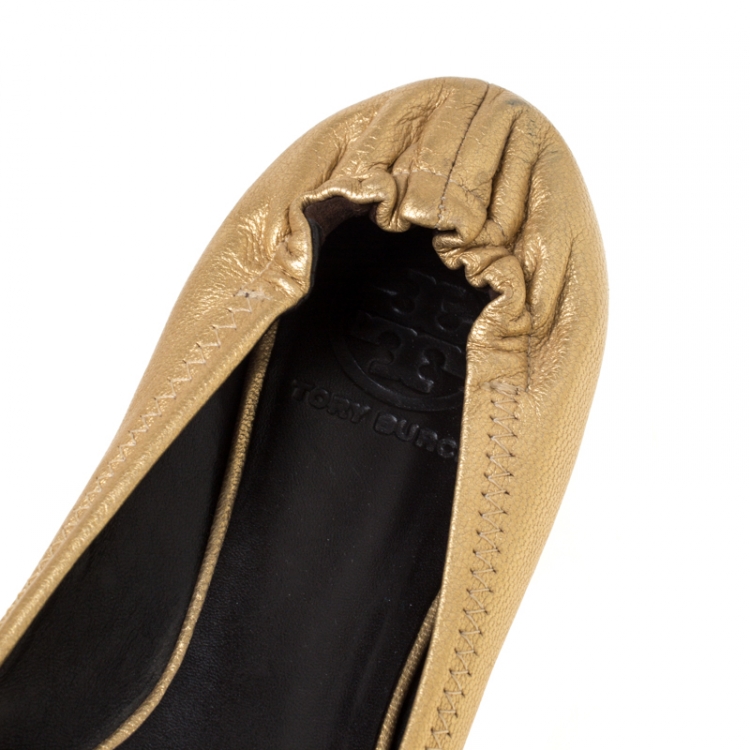 Pre Owned Tory Burch Gold Leather Minnie Travel Ballet Flats Size 37.5