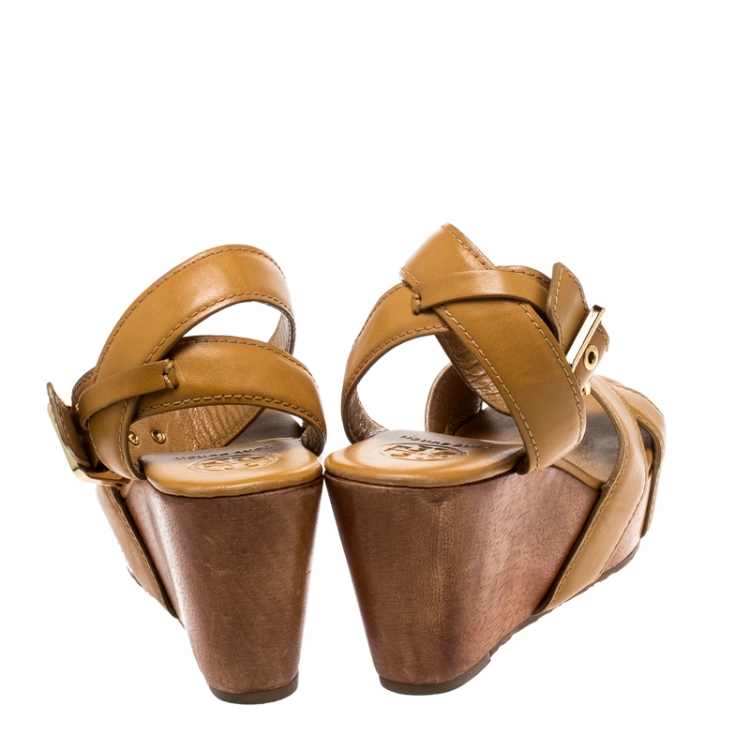 Pre Owned Tory Burch Brown Leather Almita Wedge Sandals Size 36.5