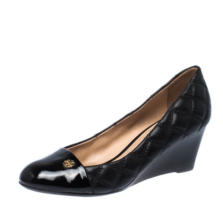 Pre Owned Tory Burch Black Leather Claremont Wedge Pumps Size 35