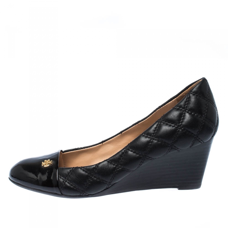 Pre Owned Tory Burch Black Leather Claremont Wedge Pumps Size 35