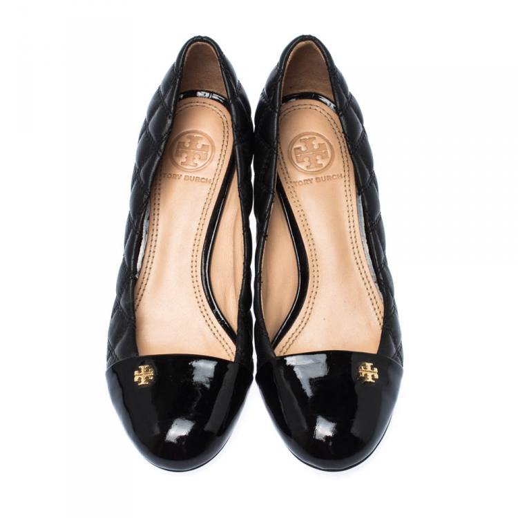 Pre Owned Tory Burch Black Leather Claremont Wedge Pumps Size 35