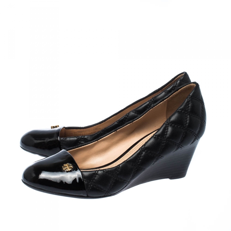 Pre Owned Tory Burch Black Leather Claremont Wedge Pumps Size 35