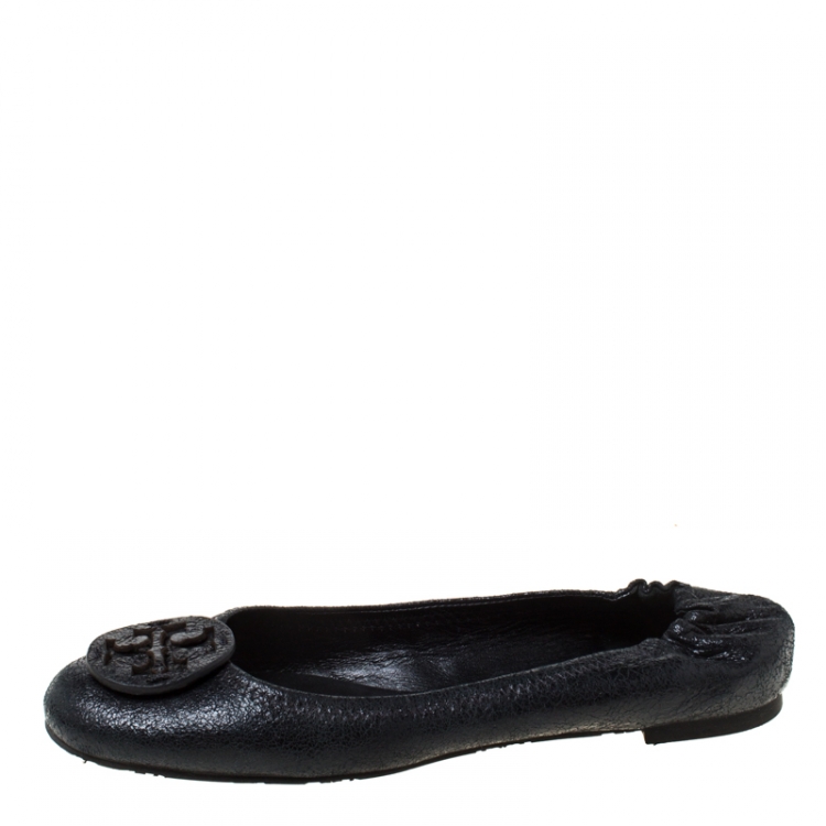مملوكة مسبقًا Tory Burch Black Leather Reva Scrunch Ballet Flats Size 38