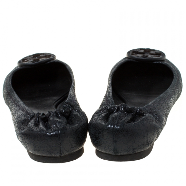 مملوكة مسبقًا Tory Burch Black Leather Reva Scrunch Ballet Flats Size 38