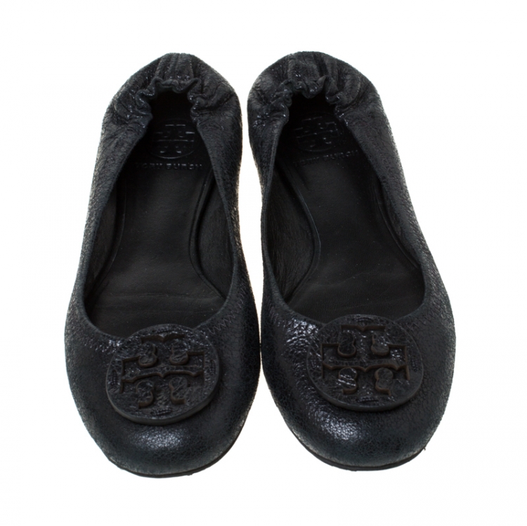 مملوكة مسبقًا Tory Burch Black Leather Reva Scrunch Ballet Flats Size 38