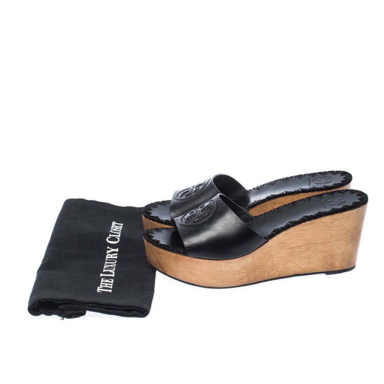 Pre Owned Tory Burch Black Leather Patty Platform Wedge Sandals Size 39