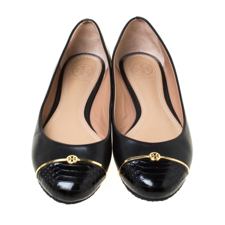 Pre Owned Tory Burch Black Leather and Python Embossed Pacey Ballet Flats Size 36.5