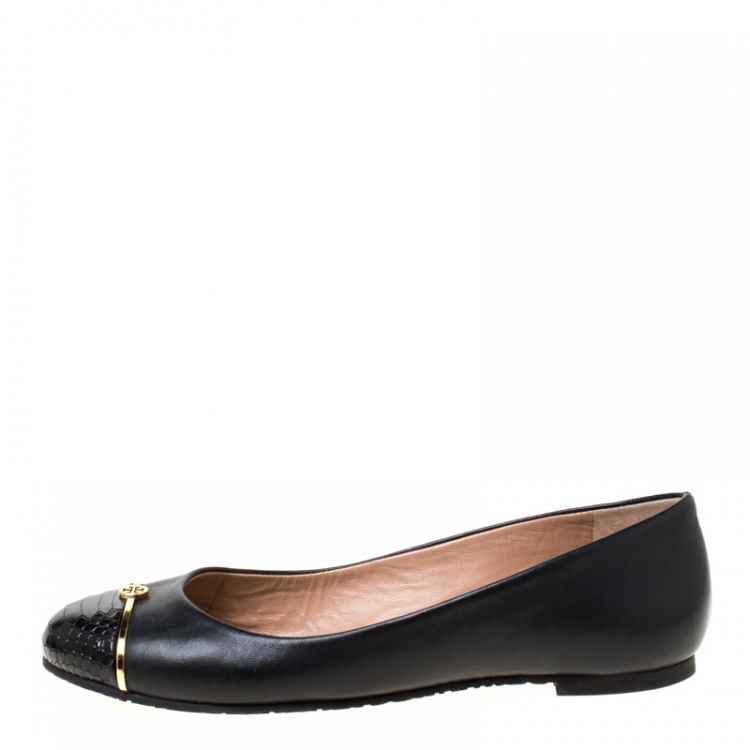 Pre Owned Tory Burch Black Leather and Python Embossed Pacey Ballet Flats Size 36.5