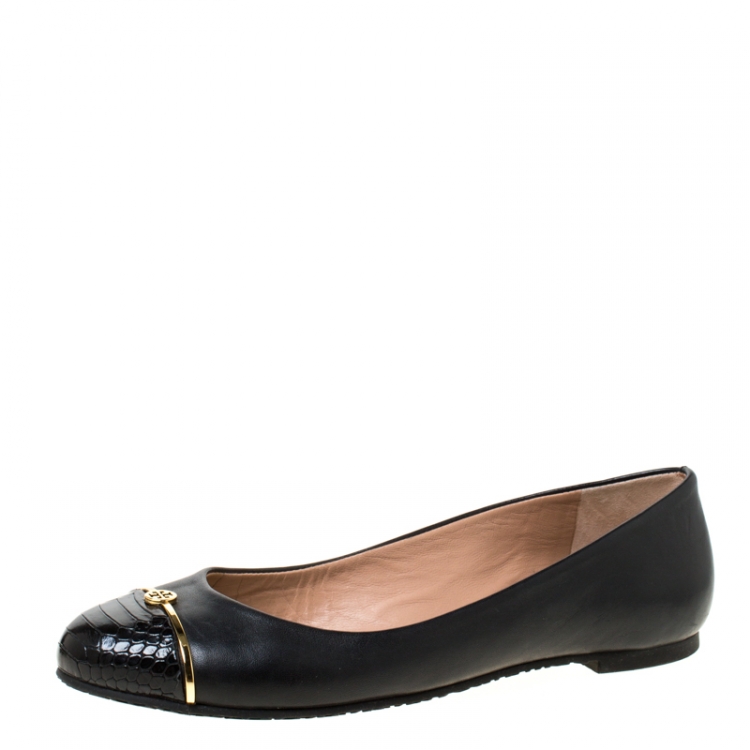Pre Owned Tory Burch Black Leather and Python Embossed Pacey Ballet Flats Size 36.5