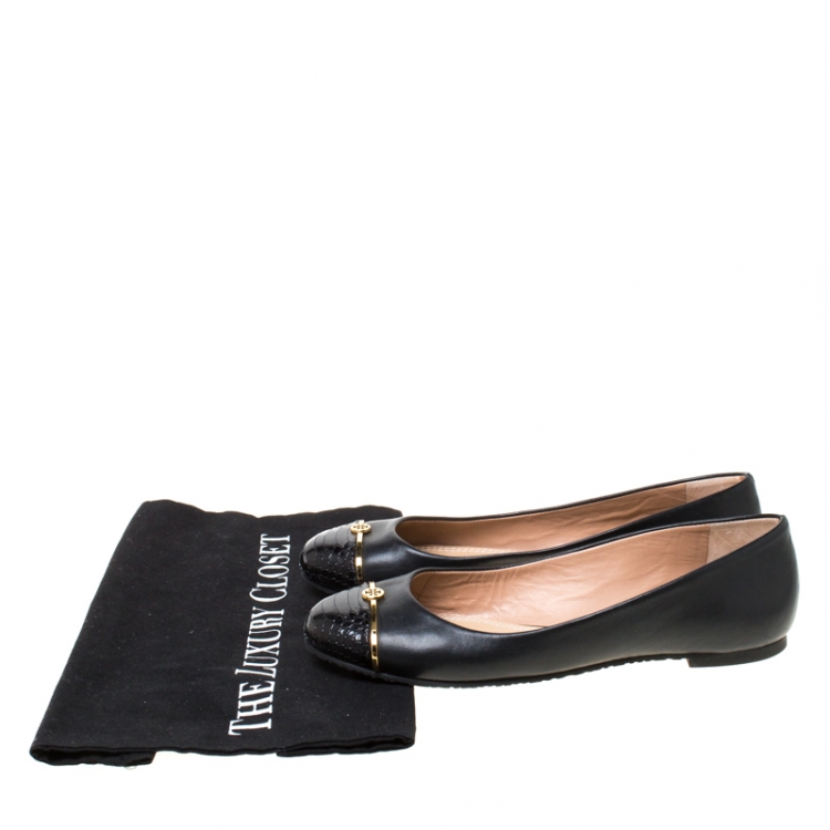 Pre Owned Tory Burch Black Leather and Python Embossed Pacey Ballet Flats Size 36.5