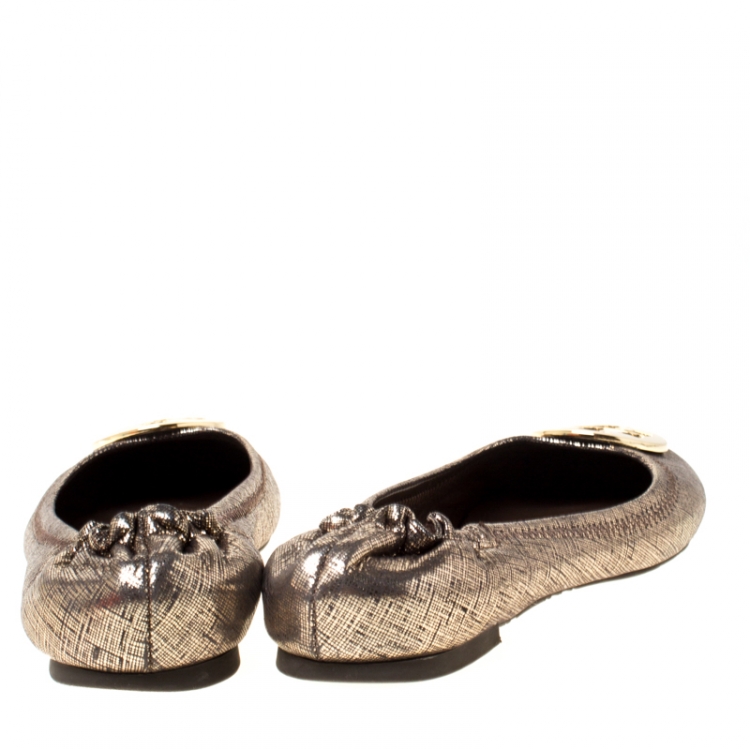 Pre Owned Tory Burch Metallic Gold Leather Reva Pebbled Ballet Flats Size 37.5