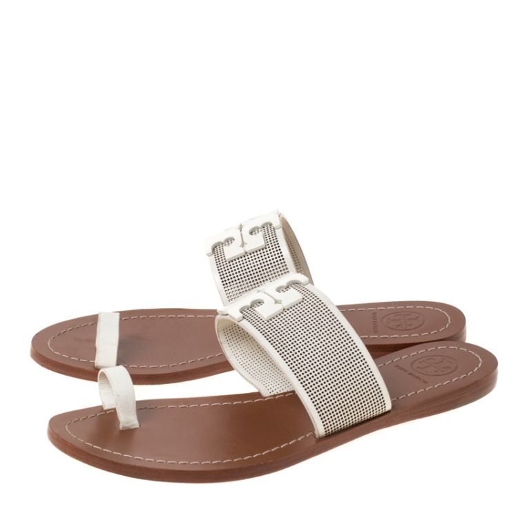Pre Owned Tory Burch White Leather Melinda Toe Ring Sandals Size 36.5
