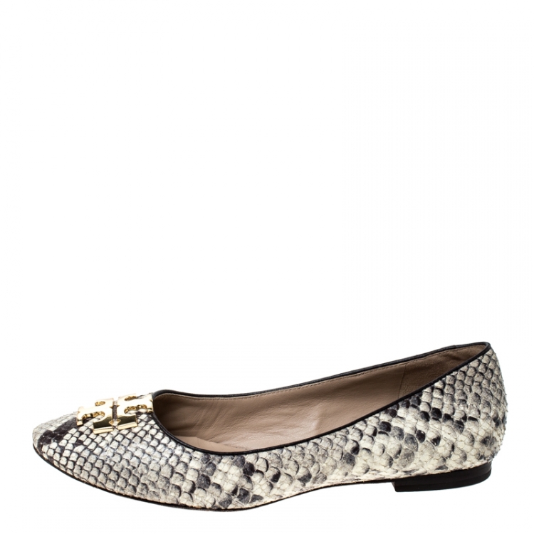 Pre Owned Tory Burch Two Tone Python Embossed Leather Reva Ballet Flats Size 37.5