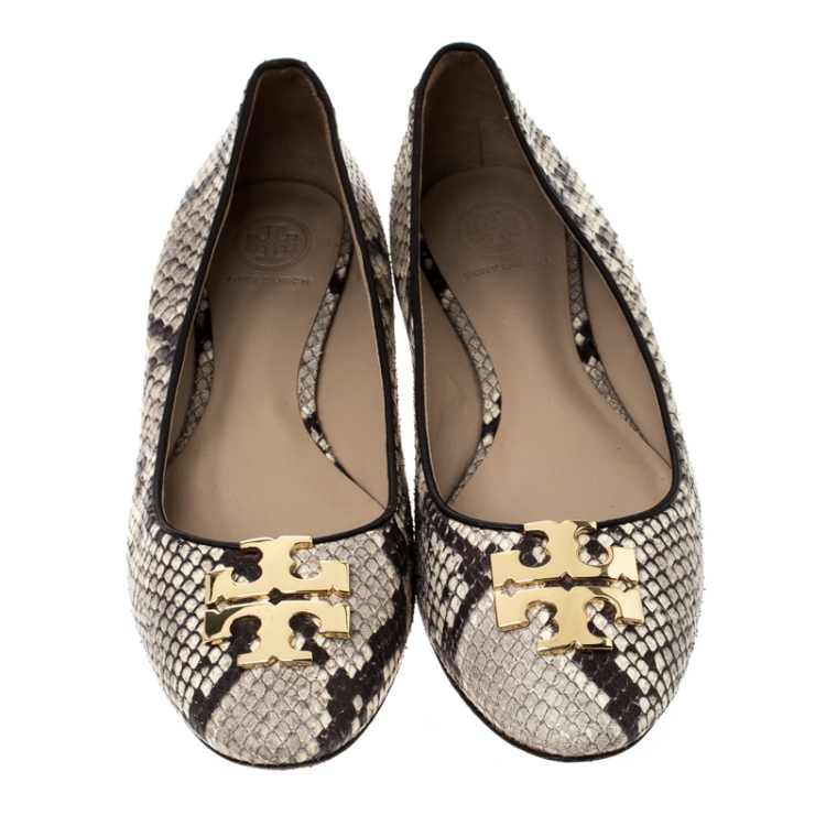 Pre Owned Tory Burch Two Tone Python Embossed Leather Reva Ballet Flats Size 37.5