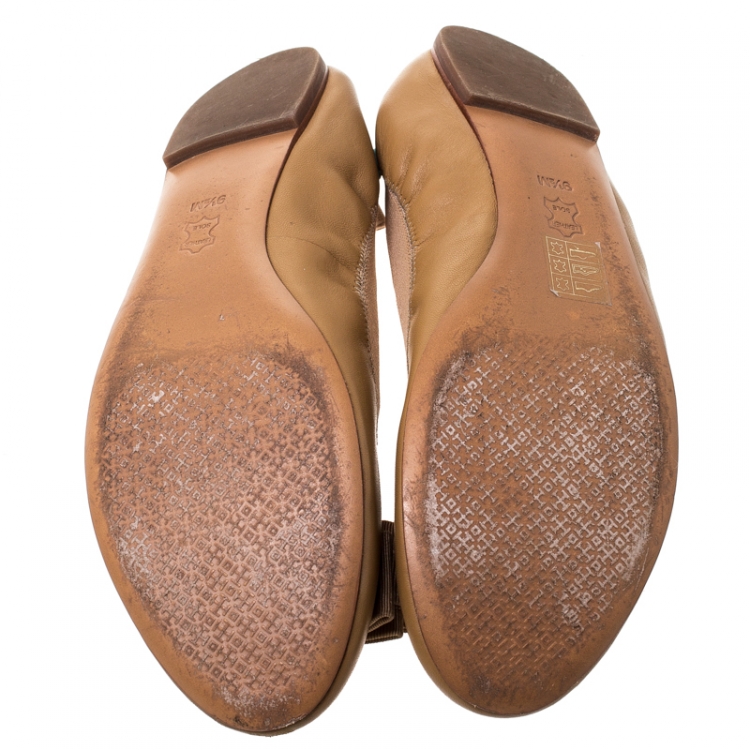 Pre Owned Tory Burch Brown Leather Bow Scrunch Ballet Flats Size 39.5