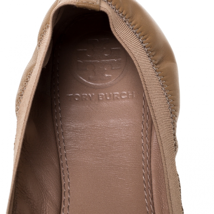 Pre Owned Tory Burch Brown Leather Bow Scrunch Ballet Flats Size 39.5