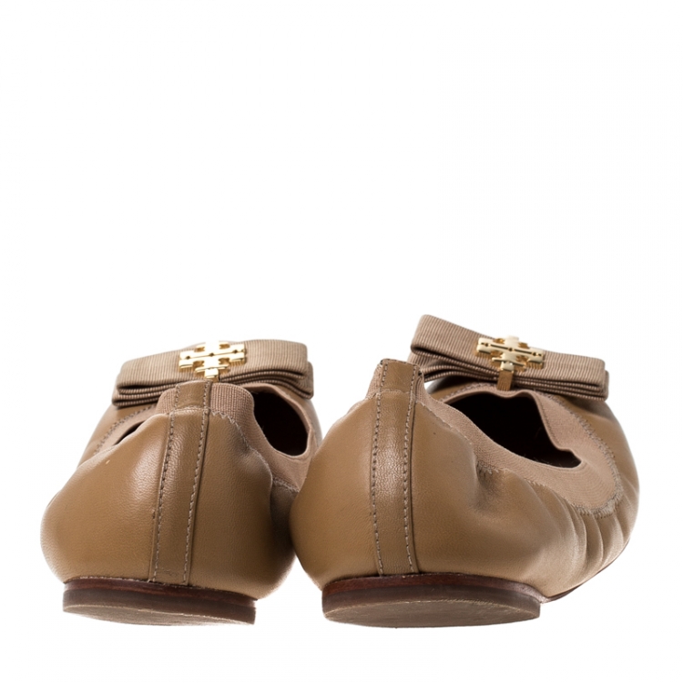 Pre Owned Tory Burch Brown Leather Bow Scrunch Ballet Flats Size 39.5