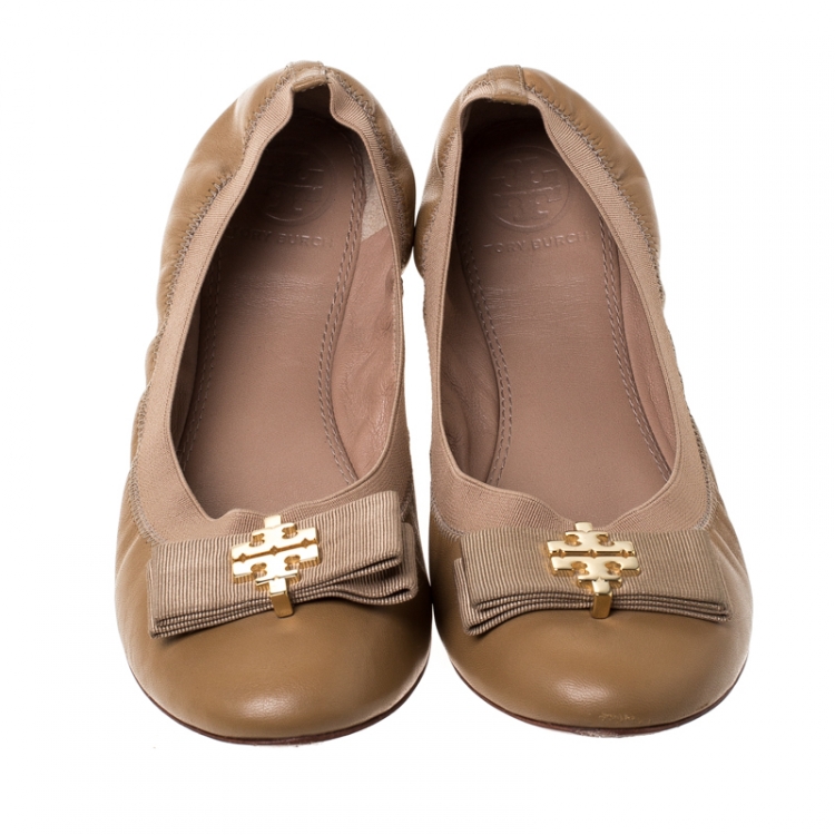 Pre Owned Tory Burch Brown Leather Bow Scrunch Ballet Flats Size 39.5