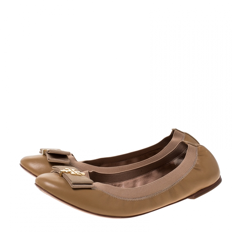 Pre Owned Tory Burch Brown Leather Bow Scrunch Ballet Flats Size 39.5