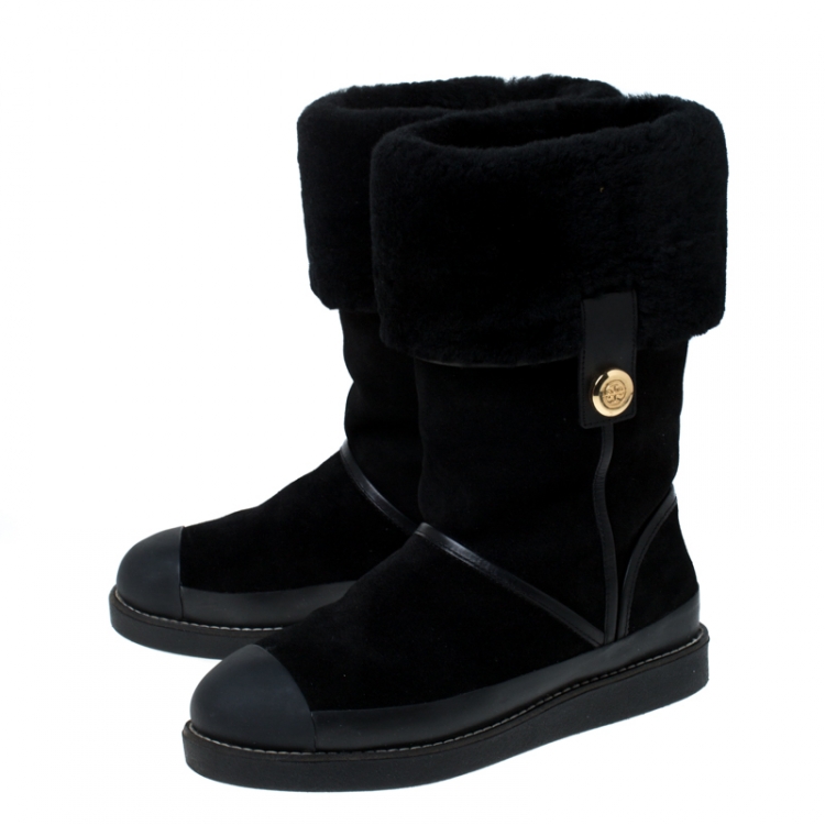 مملوكة مسبقًا Tory Burch Black Suede Leather And Fur Ankle Boots Size 38