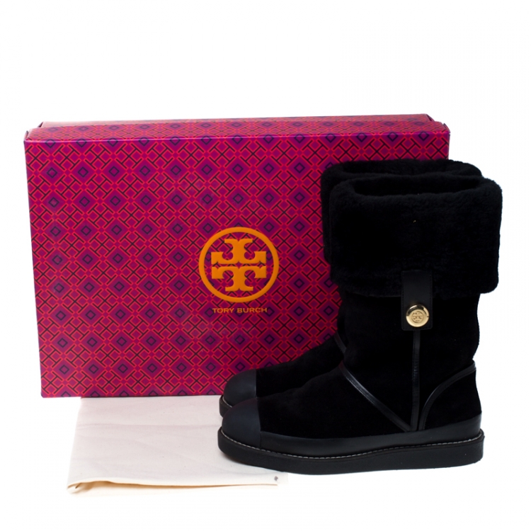مملوكة مسبقًا Tory Burch Black Suede Leather And Fur Ankle Boots Size 38