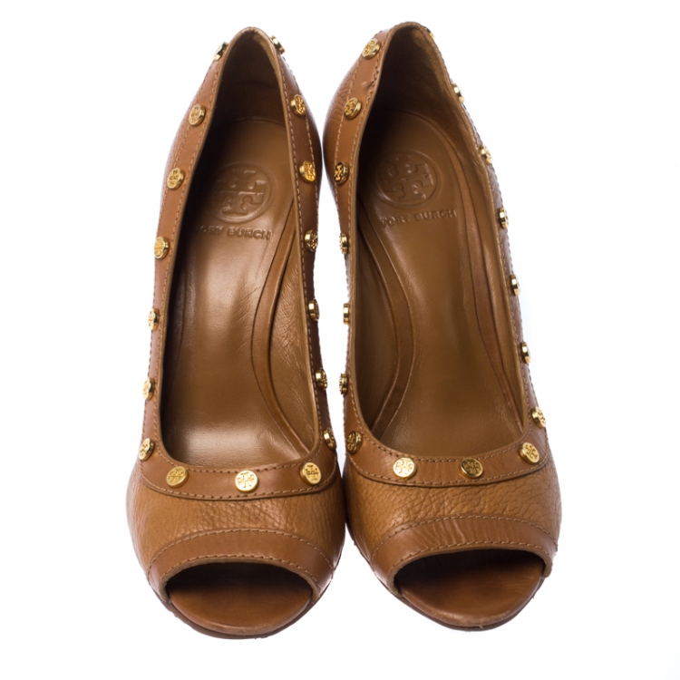 Pre Owned Tory Burch Brown Leather Reva Logo Studded Peep-Toe Wedge Pumps Size 39.5