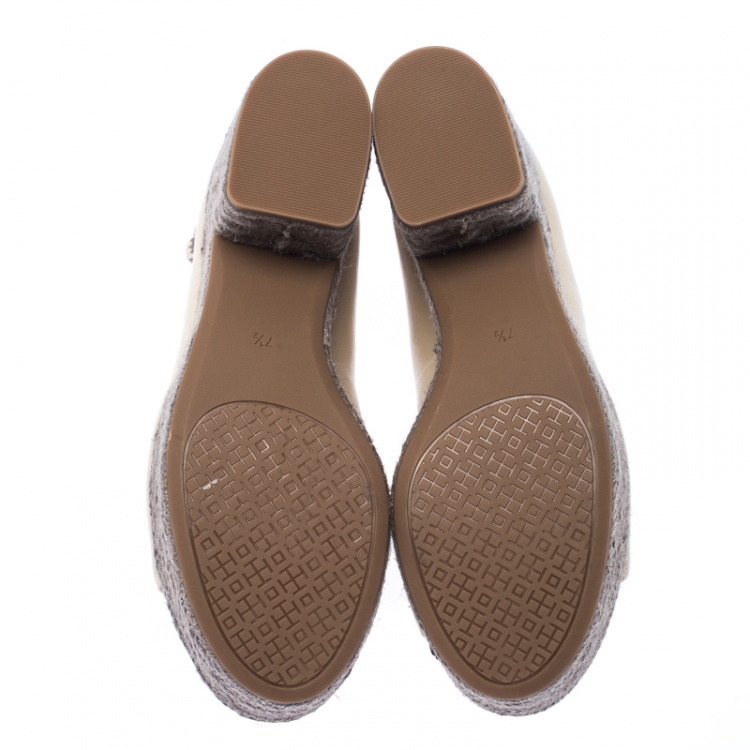مملوكة مسبقًا Tory Burch Beige/Grey Leather Positano Espadrille Platform Sandals Size 37.5