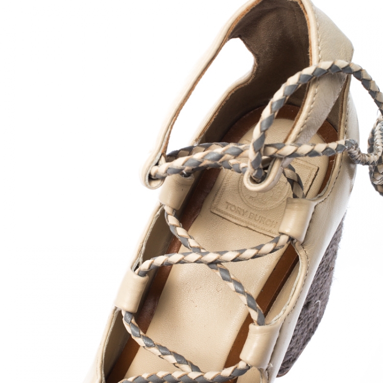 مملوكة مسبقًا Tory Burch Beige/Grey Leather Positano Espadrille Platform Sandals Size 37.5
