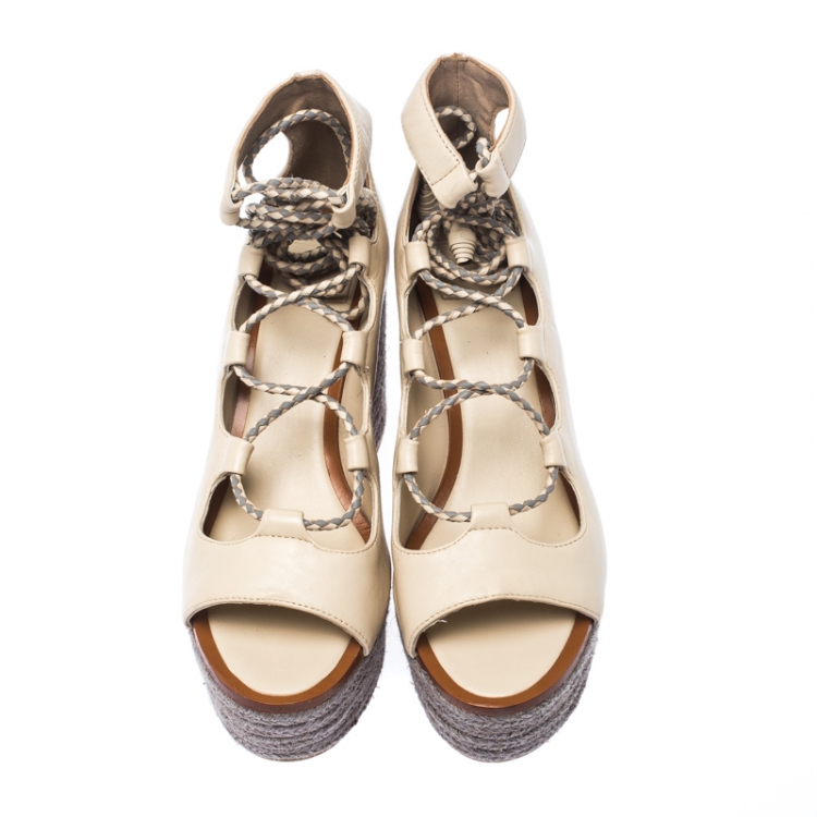 مملوكة مسبقًا Tory Burch Beige/Grey Leather Positano Espadrille Platform Sandals Size 37.5