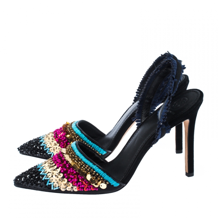 Pre Owned Tory Burch Multicolor Suede And Sequin Embellished Slingback Pointed Toe Sandals Size 39