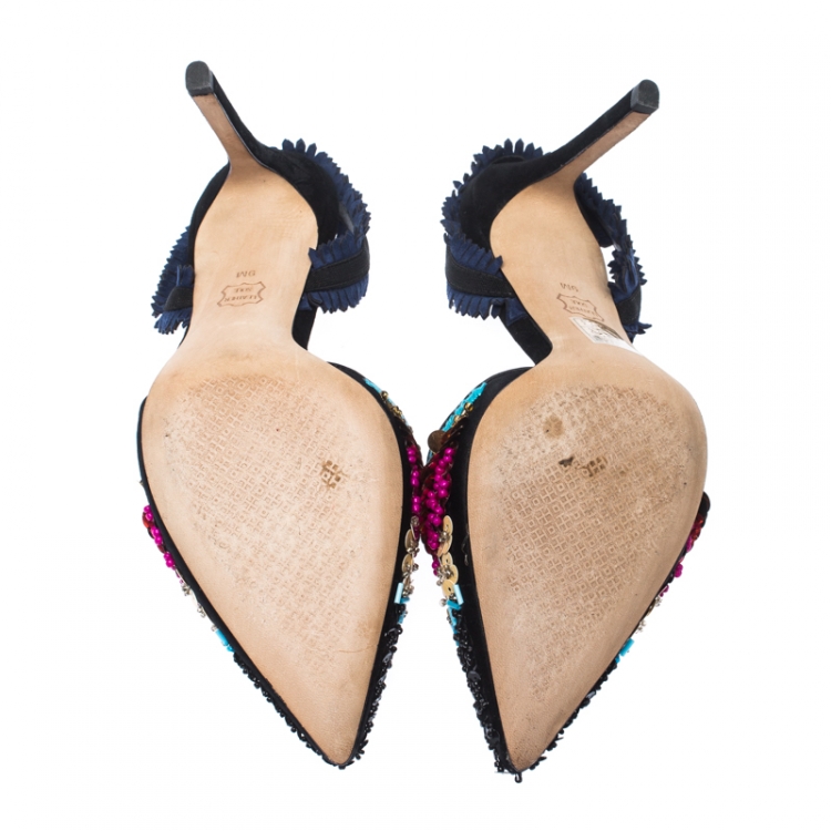 Pre Owned Tory Burch Multicolor Suede And Sequin Embellished Slingback Pointed Toe Sandals Size 39