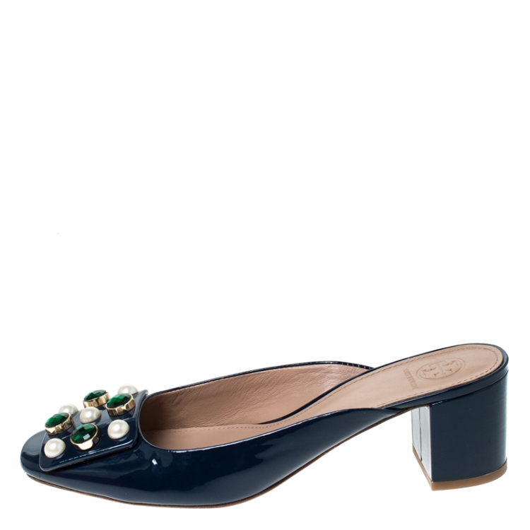 Pre Owned Tory Burch Blue Patent Leather Vail Embellished Block Heel Mules Size 39.5