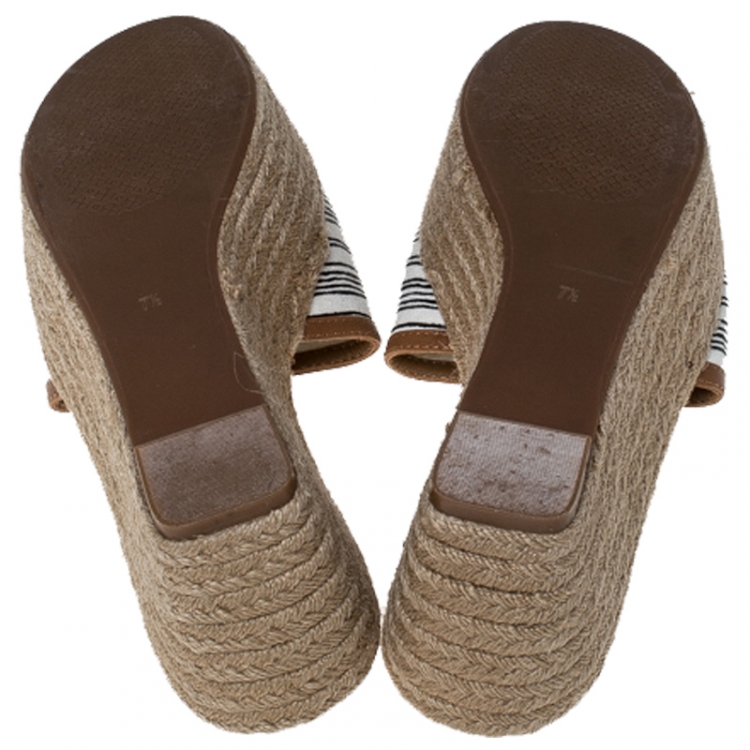 Pre Owned Tory Burch White/Black Logo Stripe Canvas Espadrille Slides Size 37.5