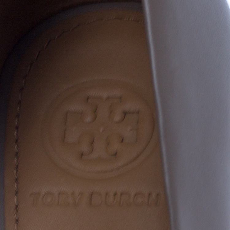 Pre Owned Tory Burch Grey Leather Julianne Peep Toe Wedge Pumps Size 37