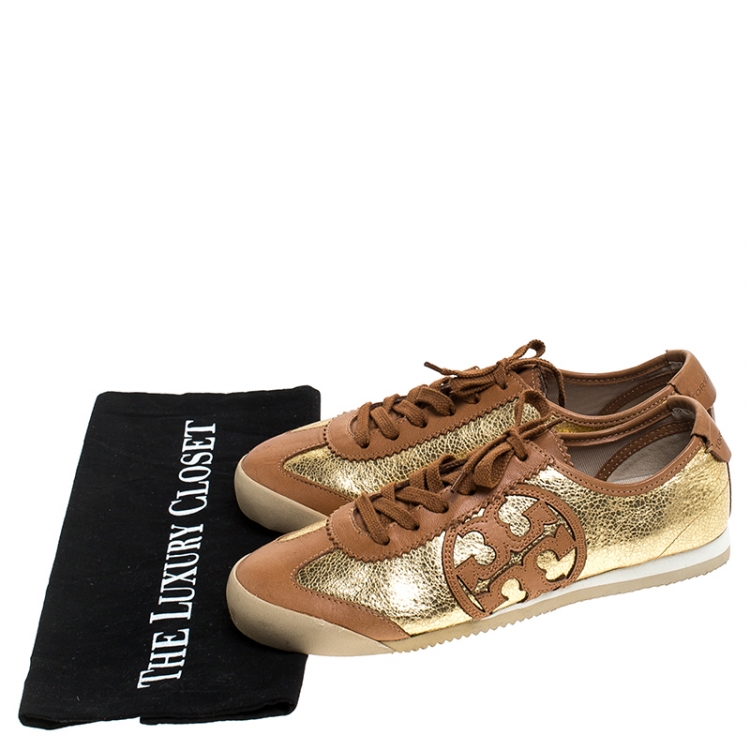 Pre Owned Tory Burch Gold/Brown Foil Leather And Leather Murphey Sneakers Size 36.5