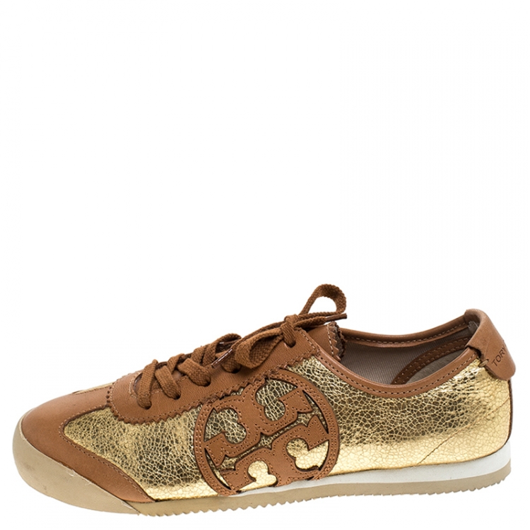 Pre Owned Tory Burch Gold/Brown Foil Leather And Leather Murphey Sneakers Size 36.5