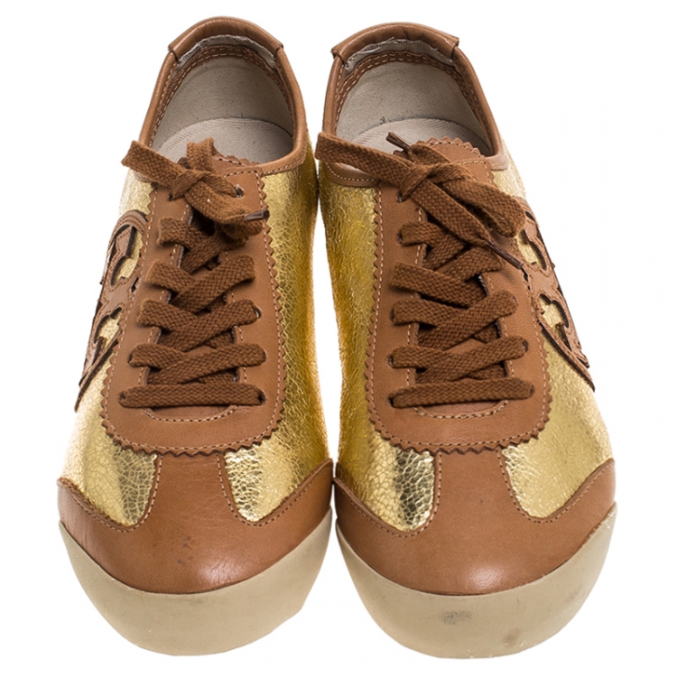 Pre Owned Tory Burch Gold/Brown Foil Leather And Leather Murphey Sneakers Size 36.5