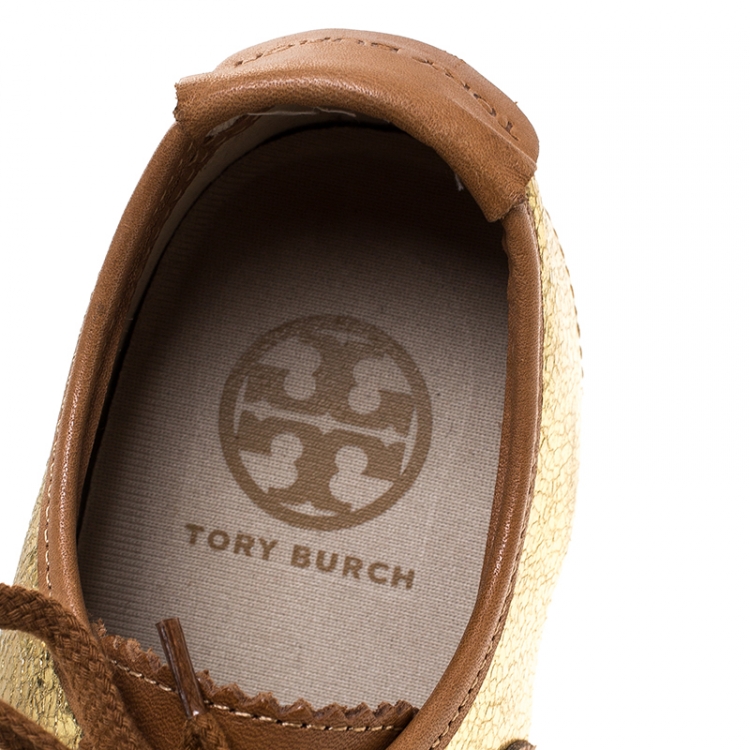 Pre Owned Tory Burch Gold/Brown Foil Leather And Leather Murphey Sneakers Size 36.5