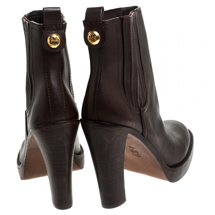 مملوكة مسبقًا Tory Burch Dark Brown Leather Elastic Band Ankle Boots Size 37