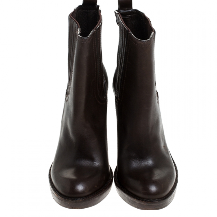 مملوكة مسبقًا Tory Burch Dark Brown Leather Elastic Band Ankle Boots Size 37