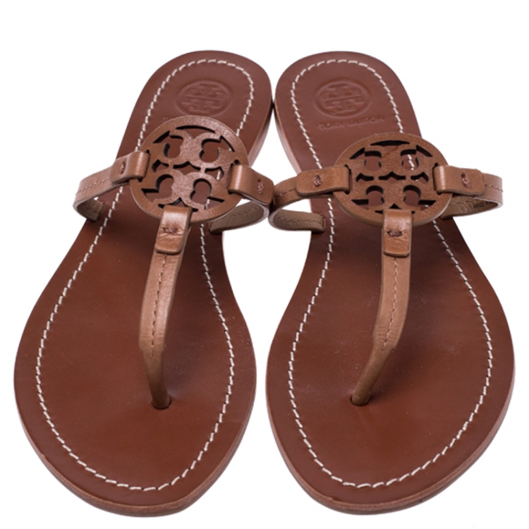 Pre Owned Tory Burch Brown Leather Miller Flat Thong Sandals Size 38