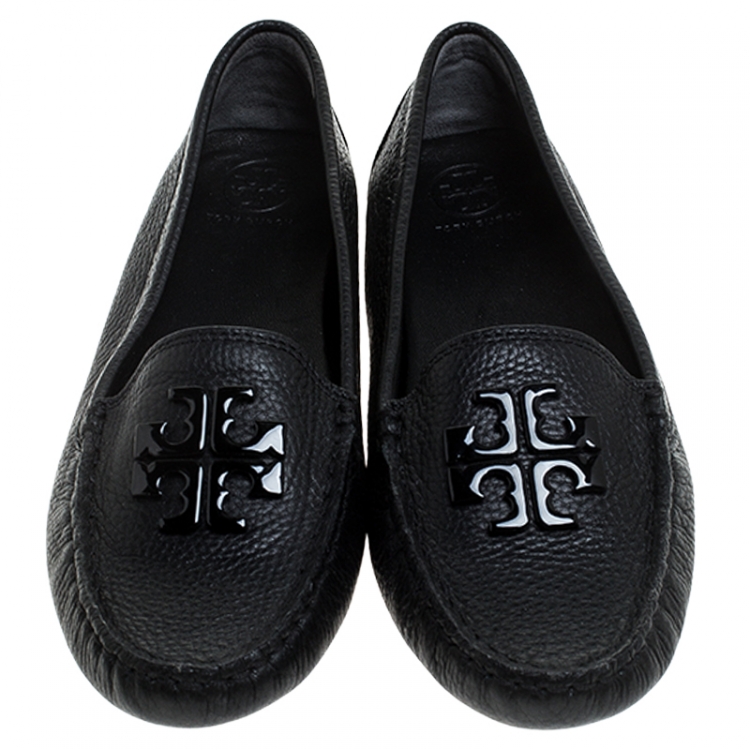 Pre Owned Tory Burch Black French Tumbled Leather Reva Slip On Loafers Size 36.5 