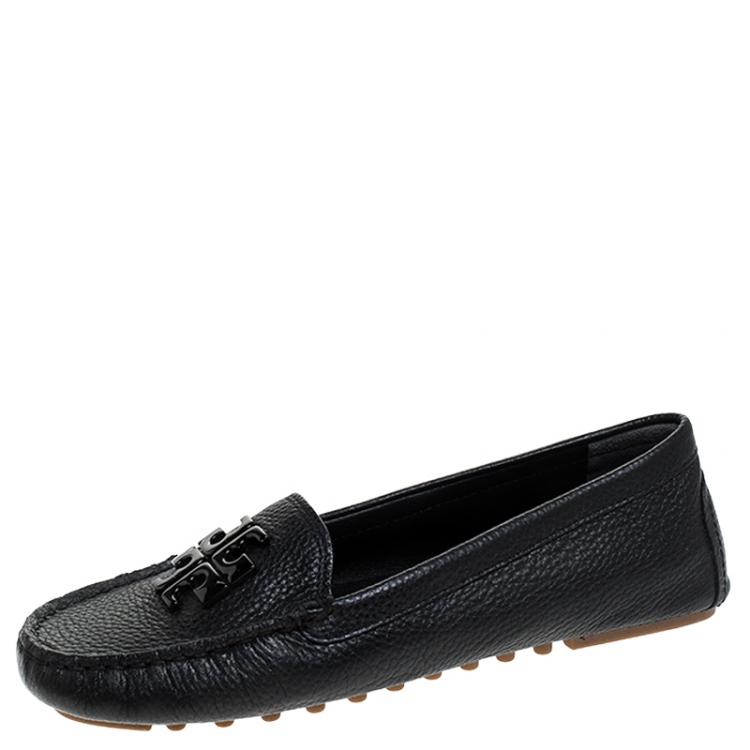Pre Owned Tory Burch Black French Tumbled Leather Reva Slip On Loafers Size 36.5 