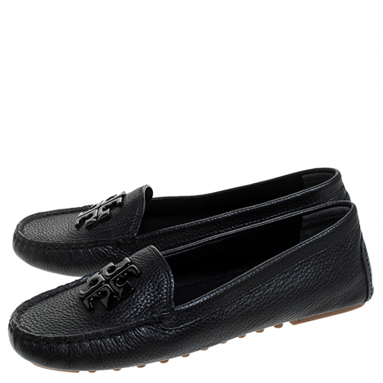 Pre Owned Tory Burch Black French Tumbled Leather Reva Slip On Loafers Size 36.5 