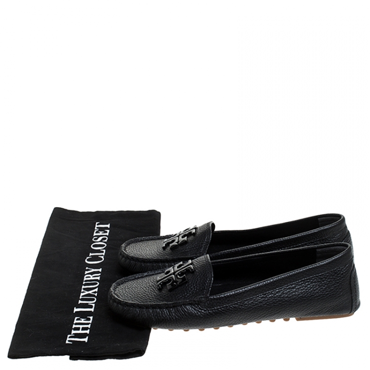 Pre Owned Tory Burch Black French Tumbled Leather Reva Slip On Loafers Size 36.5 