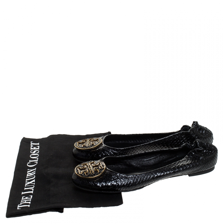 Pre Owned Tory Burch Black Python Embossed Leather Reva Ballet Flats Size 39